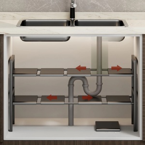 Raft organizator extensibil cu 2 etaje si 8 suporturi detasabile, awwaline, negru, 55-85 x 38 x 53 cm, ideal pentru spatiul de sub chiuveta - Img 4