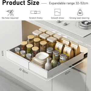 Sertar extensibil din metal, awwaline, alb, cu 3 glisiere autoadezive, extragere 80%, 32-52 cm x 42 cm x 6 cm - Img 6