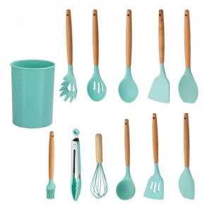 Set 12 ustensile de gatit din silicon, awwaline, maner rezistent din bambus, verde - Img 2