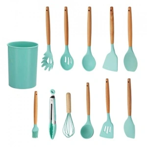 Set 12 ustensile de gatit din silicon, awwaline, maner rezistent din bambus, verde - Img 2