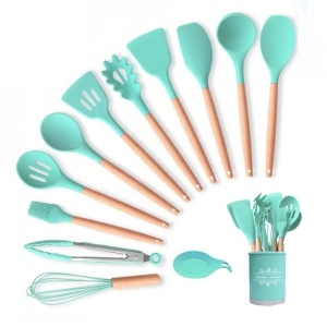 Set 13 ustensile de gatit din silicon, awwaline, maner rezistent din bambus