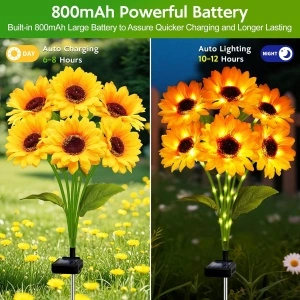 Set 2 lampi solare de gradina, awwaline, Galben/Verde, model Floarea Soarelui cu 6 flori, Senzor de lumina, IP65 impermeabil - Img 6
