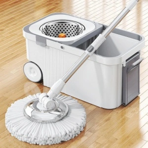 Set mop rotativ cu galeata, awwaline, Alb/Gri, storcator centrifuga, galeata portabila 10 litri, 4 rezerve mop, sistem evacuare apa - Img 6