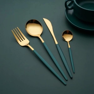Set tacamuri 24 piese stil portughez, awwaline, auriu/verde, otel inoxidabil - Img 2