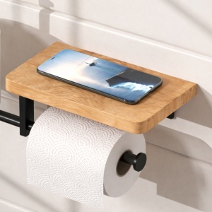 Suport hartie igienica cu raft depozitare telefon sau alte accesorii, awwaline, Negru/Maro, prindere cu adeziv sau suruburi, 27 x 22 cm, spatiu pentru 2 role - Img 5