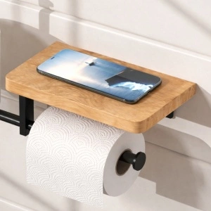 Suport hartie igienica cu raft depozitare telefon sau alte accesorii, awwaline, Negru/Maro, prindere cu adeziv sau suruburi, 27 x 22 cm, spatiu pentru 2 role - Img 5