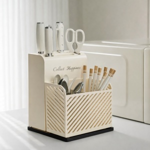 Suport ustensile de bucatarie, awwaline, plastic, bej, 3 compartimente, recipient cutite, 21 x 16 x 15 cm - Img 2