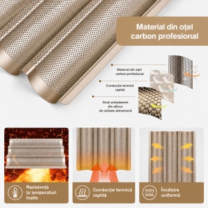 Tava de copt pentru baghete, awwaline, maro, otel carbon, perforata, antiaderenta, 3 locuri, 38.5 x 27 x 3.2 cm - Img 4