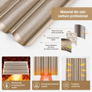 Tava de copt pentru baghete, awwaline, maro, otel carbon, perforata, antiaderenta, 3 locuri, 38.5 x 27 x 3.2 cm - Img 4