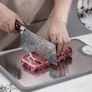 Tocator 2 fete din otel inoxidabil/fibra de paie grau+PP, inox alimentar 304, fara miros, usor de curatat, 41.2 x 28.7 x 1.5 cm, margine antiderapanta din silicon