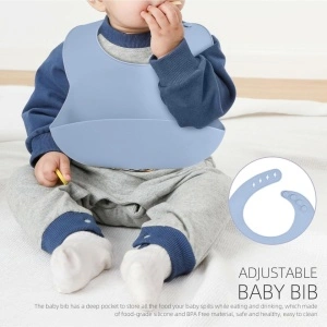 Baveta din silicon cu buzunar, awwaline, gri, BPA free, inchidere ajustabila, buzunar colector larg - Img 3