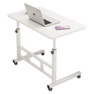 Birou mobil multifunctional cu rotile, awwaline, alb, ajustabil pe inaltime, blat lemn, ideal pentru laptop, teme, mic dejun la pat, 80 x 40 x 60-85 cm - Img 1