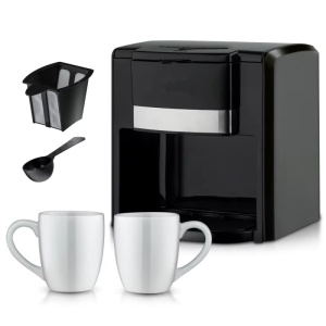 Cafetiera cu 2 cani din ceramica, Ackiliss, neagra, putere 1000W, filtru detasabil, 420 ml, oprire automata, ciclu dublu de preparare