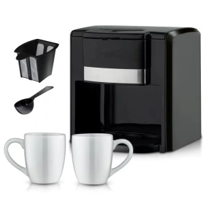 Cafetiera cu 2 cani din ceramica, Ackiliss, neagra, putere 1000W, filtru detasabil, 420 ml, oprire automata, ciclu dublu de preparare