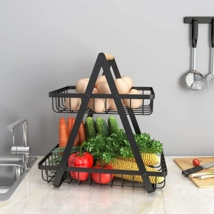 Cos de fructe cu 2 etaje, awwaline, negru, metalic, 31.5 cm x 20 cm x 31 cm, ideal pentru fructe, legume, condimente - Img 4