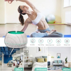 Difuzor aromaterapie pentru uleiuri esentiale, awwaline, cu ultrasunete, 1000 ml, timer, 7 culori LED, telecomanda, inchidere automata, White Wood - Img 5
