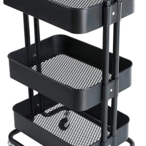 Etajera metalica multifunctionala cu 3 nivele, awwaline, negru, pe roti, maner, 44 cm x 36 cm x 82 cm