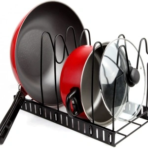 Etajera multifunctionala pentru tigai si capace, neagra, inaltime ajustabila, 5 rafturi - Img 7