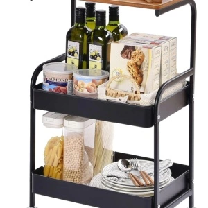Etajera multifunctionala portabila cu 3 nivele, awwaline, neagra, otel carbon + MDF, 77 x 43 x 30 cm
