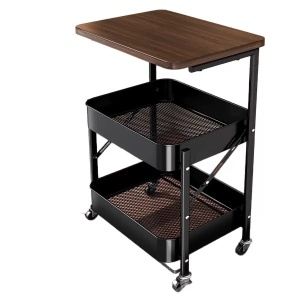 Etajera multifunctionala rabatabila cu 3 nivele, awwaline, neagra, otel carbon + MDF, 74 x 45 x 29.5 cm