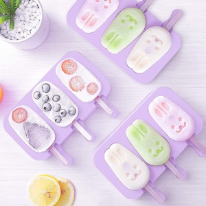 Forma inghetata cu 3 compartimente, awwaline, forme iepurasi, mov, silicon alimentar, 50 de bete, cu capac protectie - Img 3