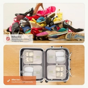 Geanta organizator pentru incaltaminte, awwaline, bej, 23 x 29 x 14 cm, cu fermoar, ideala pentru transport incaltaminte, spatiu depozitare pentru 3 perechi - Img 6