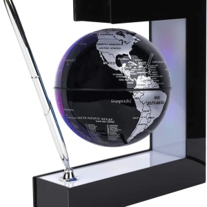 Glob pamantesc magnetic plutitor cu iluminare LED, awwaline, negru, 17.3 cm x 19.5 cm x 5 cm, prevazut cu pix cromat si suport
