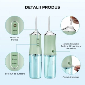 Irigator oral pentru dus bucal, awwaline®, Ultra-Portabil, 4 Capete Curatare, Rezervor 220 ml, verde - Img 6