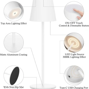Lampa de masa wireless, awwaline, alba, metalica, cu touch, 36 x 11.6 cm, reincarcabila USB-C, 3 moduri de ilumiare, 2W - Img 6