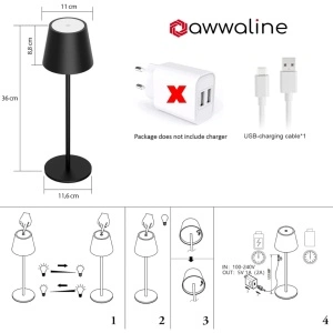 Lampa de masa wireless, awwaline, neagra, metalica, cu touch, 36 x 11.6 cm, reincarcabila USB-C, 3 moduri de ilumiare, 2W - Img 8