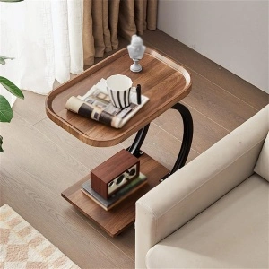 Masuta cafea cu roti, awwaline, lemn, maro, C-Shaped, 2 nivele, 52 x 34 x 60 cm - Img 3