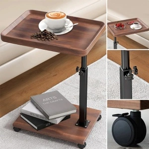 Masuta cafea portabila, awwaline, maro, cadru metalic negru, 2 blaturi MDF, inaltime ajustabila, 40 x 30 x 45-85 cm - Img 6
