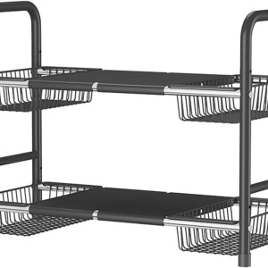 Raft organizator extensibil cu 2 etaje si 4 cosuri, awwaline, negru, 55-85 x 38 x 53 cm, ideal pentru spatiul de sub chiuveta