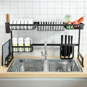 Scurgator vase deasupra chiuvetei, awwaline, negru, 2 niveluri, cu suport tacamuri, 85 x 52 x 32 cm - Img 4