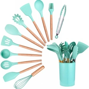 Set 12 ustensile de gatit din silicon, awwaline, maner rezistent din bambus, verde