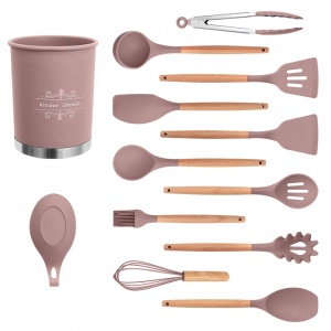 Set 13 ustensile de gatit din silicon, awwaline, maner rezistent din bambus - Img 7