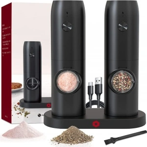Set 2 rasnite electrice sare si piper, awwaline, negru, stand incarcare USB, perie curatare, Indicator LED, Grosime reglabila - Img 2