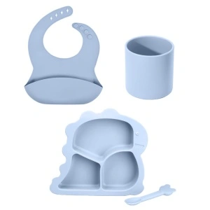 Set hranire bebelusi 4 piese pentru diversificare, awwaline, gri, silicon, BPA free, farfurie cu ventuza, pahar, lingurita si baveta