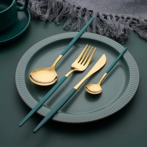 Set tacamuri 24 piese stil portughez, awwaline, auriu/verde, otel inoxidabil - Img 3