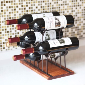 Suport 6 sticle de vin, awwaline, maro, lemn natural si otel, design modern, 34 x 16 x 25 cm - Img 2