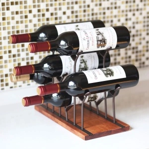 Suport 6 sticle de vin, awwaline, maro, lemn natural si otel, design modern, 34 x 16 x 25 cm - Img 2