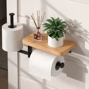 Suport hartie igienica cu raft depozitare telefon sau alte accesorii, awwaline, Negru/Maro, prindere cu adeziv sau suruburi, 27 x 22 cm, spatiu pentru 2 role - Img 2