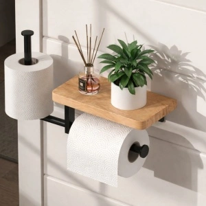 Suport hartie igienica cu raft depozitare telefon sau alte accesorii, awwaline, Negru/Maro, prindere cu adeziv sau suruburi, 27 x 22 cm, spatiu pentru 2 role - Img 2