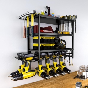 Suport metalic multifunctional pentru scule, awwaline, negru, prindere pe perete, compact si rezistent, depozitare surubelnite electrice, bormasina, chei, 63.5 x 43.5 x 24.5 cm - Img 4