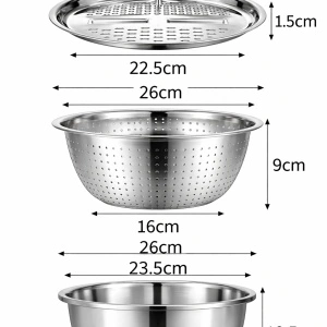 Bol din inox multifunctional cu strecuratoare si razatoare, 3 in 1, awwaline, inox, diametru 26 cm - Img 6