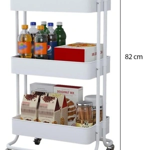Etajera metalica multifunctionala cu 3 nivele, awwaline, alba, pe roti, maner, 44 cm x 36 cm x 82 cm - Img 5