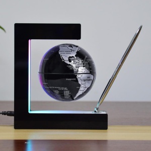 Glob pamantesc magnetic plutitor cu iluminare LED, awwaline, negru, 17.3 cm x 19.5 cm x 5 cm, prevazut cu pix cromat si suport - Img 2