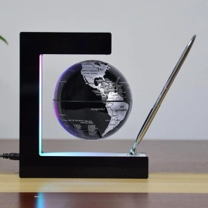 Glob pamantesc magnetic plutitor cu iluminare LED, awwaline, negru, 17.3 cm x 19.5 cm x 5 cm, prevazut cu pix cromat si suport - Img 2
