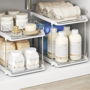 Organizator universal cu 2 rafturi retractabile si separatoare, awwaline, Alb/Transparent, recipient de depozitare multifunctional si glisant, 30 x 20 x 28 cm - Img 7