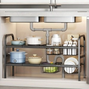 Raft organizator extensibil cu 2 etaje si 4 cosuri, awwaline, negru, 55-85 x 38 x 53 cm, ideal pentru spatiul de sub chiuveta - Img 2